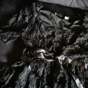 Black Lace Wrap Tie Top with Ribbon